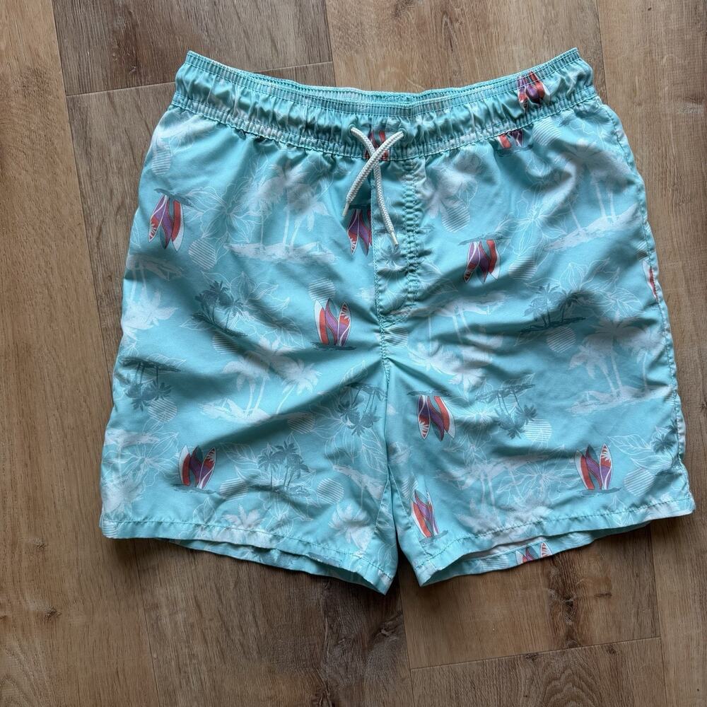 OshKosh B'gosh Boys Sz 14 Swim Trunks Aqua Blue Tropical Surf Board Shorts Mesh